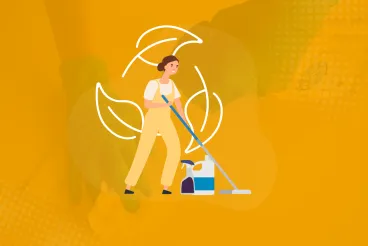 Illustration des innovations vertes en propreté : une dame avec un balai et des feuilles 