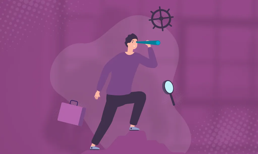 Illustration de la délégation en Facility Management : un homme regarde dans une longue-vue