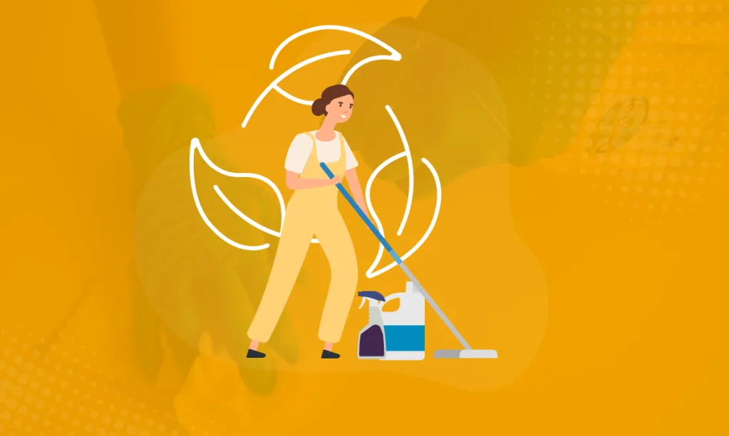 Illustration des innovations vertes en propreté : une dame avec un balai et des feuilles 